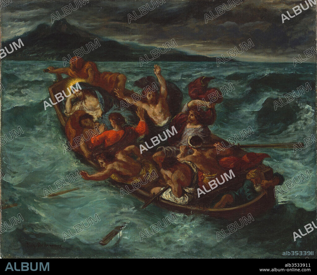 Christ Asleep during the Tempest, ca. 1853, Oil on canvas, 20 x 24 in. (50.8 x 61 cm), Paintings, Eugène Delacroix (French, Charenton-Saint-Maurice 1798–1863 Paris), Delacroix painted at least six versions of this New Testament lesson in faith: when awakened by his terrified disciples, Christ scolded them for their lack of trust in Providence. In the earlier works, the seascape is more prominent; in the later ones, as here, Christ’s bark occupies a more significant place.