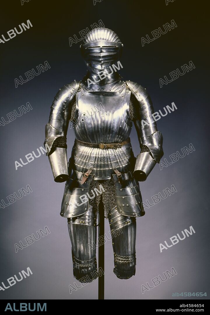 Partial Suit of Armor in Maximilian Style, c. 1525. This fluted armor was visually striking in natural sunlight, which created a dazzling effect as it reflected off the polished, rippling steel. The flutings may have originated as a means of imitating the pleatings of male costume of the day. It became apparent, however, that the flutings were also a strengthening device, similar to corrugated metal. This enabled the armorer to use plates of thinner?and therefore lighter?steel. Such suits of armor demanded time-consuming and highly precise work from the armorer, which in turn quickly drove the production costs high enough that the fashion disappeared by 1540.