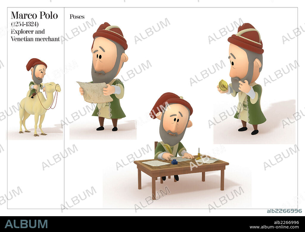 MARCO POLO. Ilustraciones posturales de Marco Polo, explorador y mercader veneciano, (1254-1324).