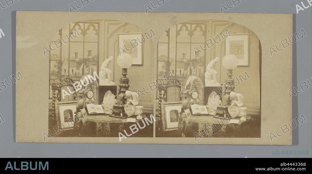 Still life with sterescope and photos, Artistic Group (title on object), stereoscope, photograph, still life of various objects, studio requisites, photographer, anonymous, 1856, photographic paper, cardboard, albumen print, h 84 mm × w 174 mm.