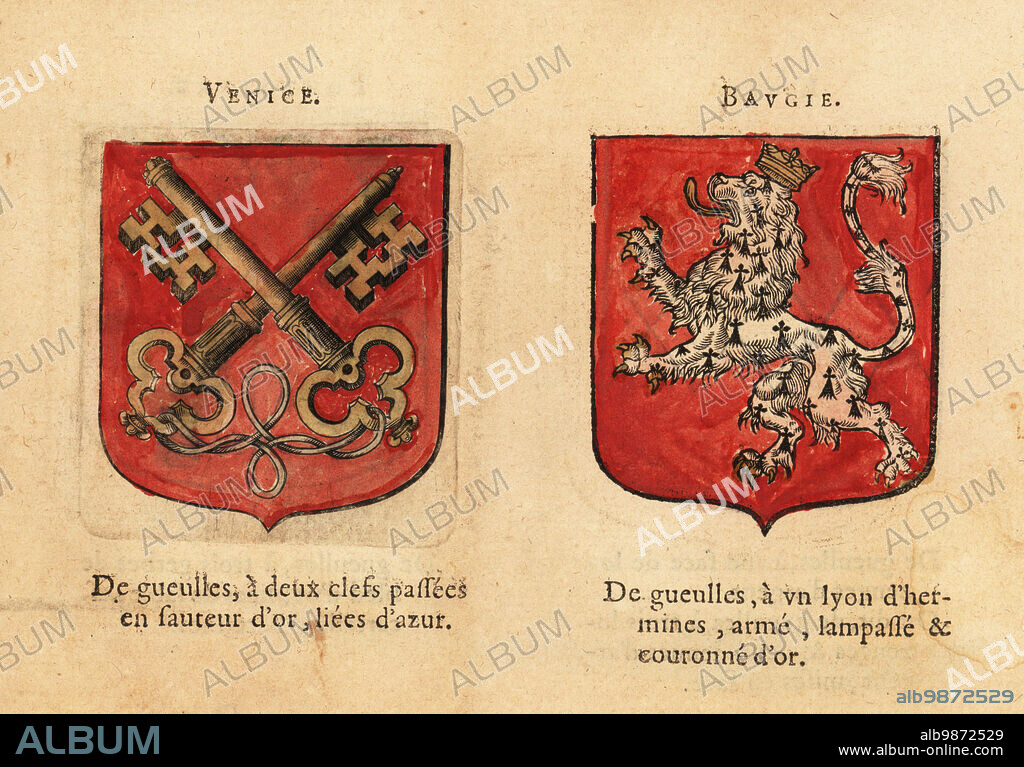 Coat of arms of the Count of Venice, Italy, with two gold keys on red field, and the Count of Bauge, with ermine lion on red field. Comtez:Venice, Bavgie. Handcoloured woodblock engraving from Hierosme de Baras Le Blason des Armoiries, Chez Rolet Boutonne, Paris, 1628.