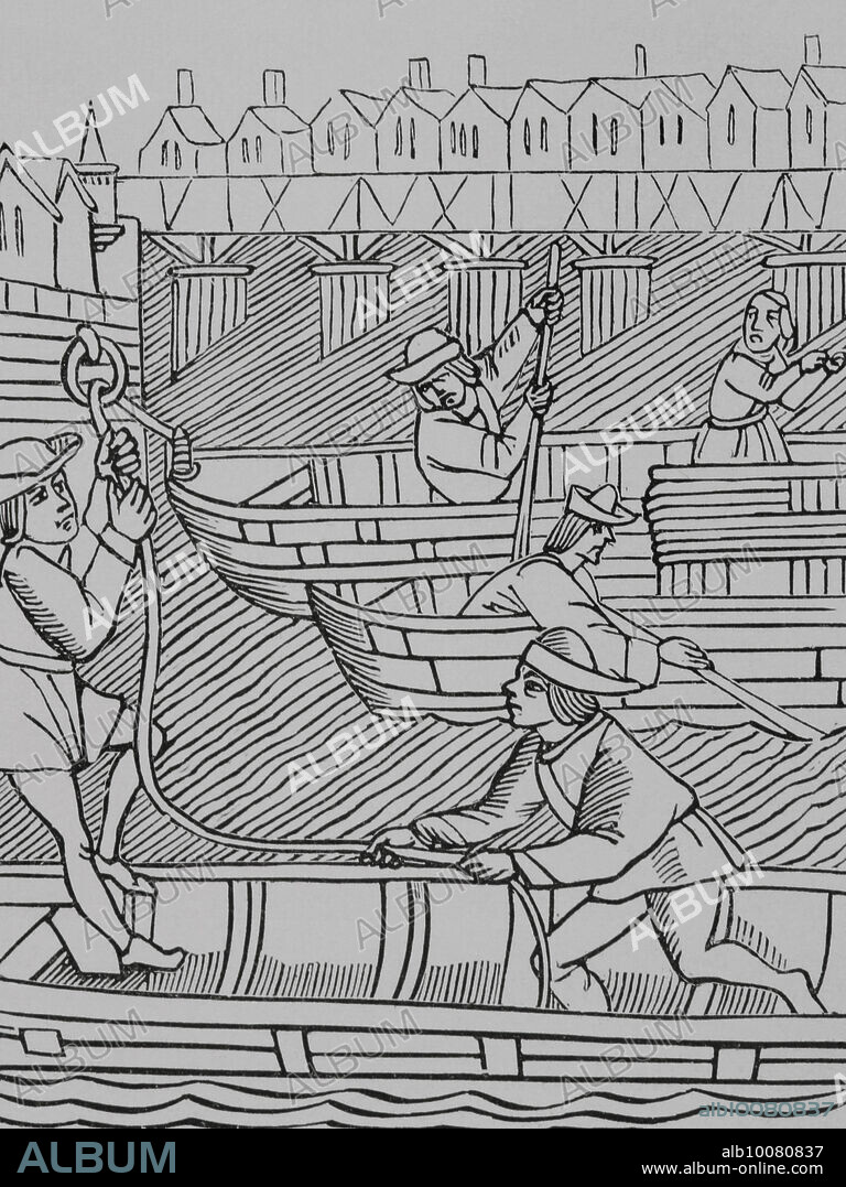 Historia de Francia. Peaje bajo los puentes de París. Grabado a partir de "Ordonnances de la Prevoste des Marchands de Paris", 1500. "Moeurs, usages et costumes au moyen-âge et à l'époque de la Renaissance", por Paul Lacroix. París, 1878.