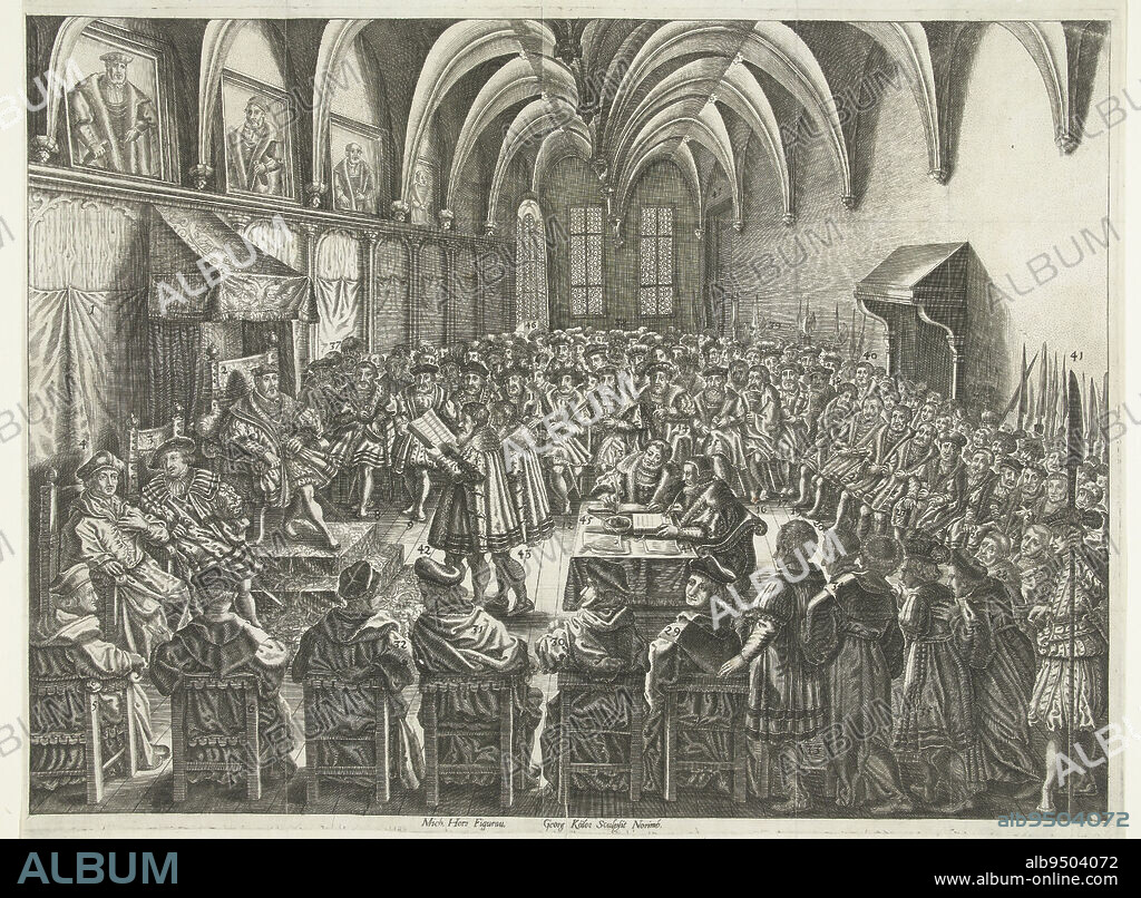 Reichstag of Augsburg, June 25, 1530 View of the hall with all present, on the left Charles V on his throne Without the statement of the numbers, Reichstag of Augsburg, 1530, print maker: Georg Cöler, (mentioned on object), intermediary draughtsman: Michael Heer, (mentioned on object), Neurenberg, 1600 - 1661, paper, engraving, h 362 mm × w 480 mm.