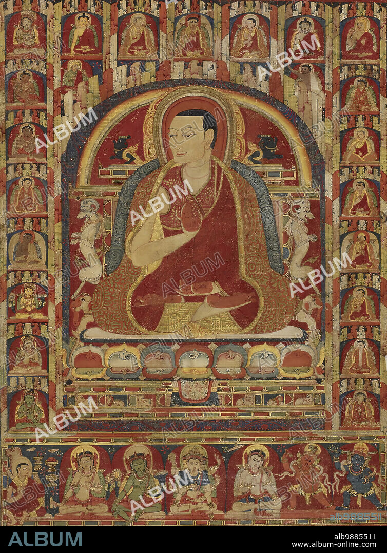 Kuyalwa, Second Abbot of Taklung Monastery, with Three Lineages, mid-13th century. This painting commemorates Kuyalwa (1191–1236), the second abbot of Taklung Monastery in central Tibet, home to a prominent branch of the Kagyu Buddhist monastic tradition. Kuyalwa sits on a lotus throne at the centre and raises his right hand in the gesture of reassurance. The figures surrounding him include members of three teacher-student lineages, who transmitted the sacred knowledge and rituals that were taught and practiced at Taklung.