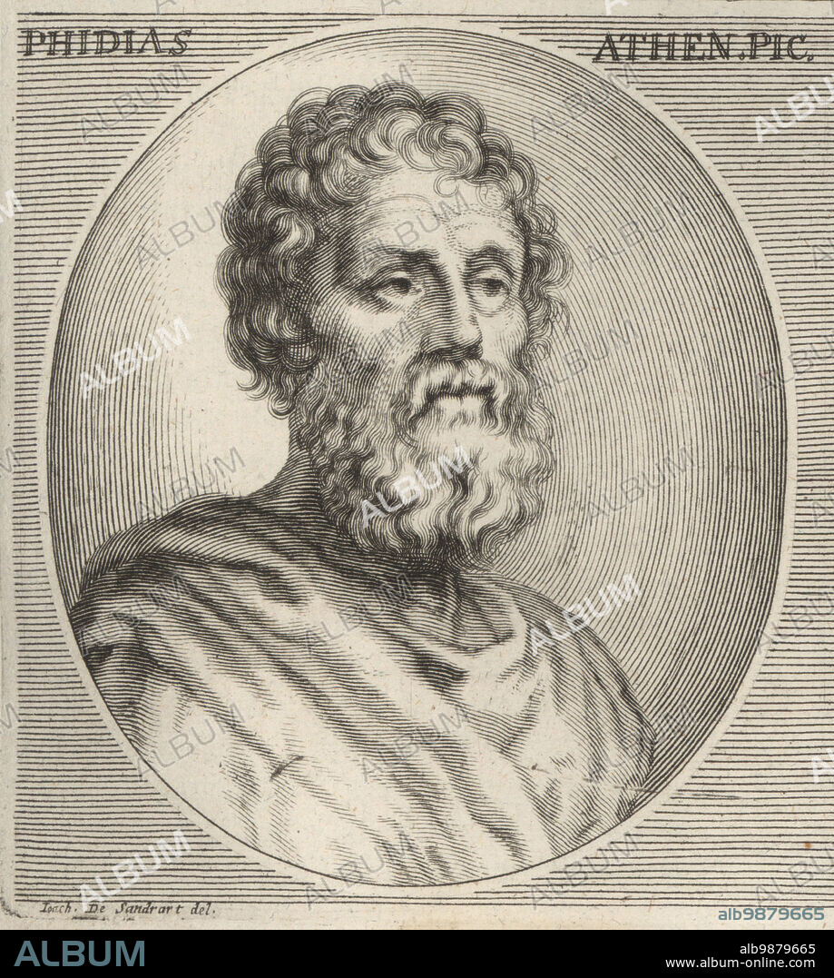 Phidias of Athens, Greek sculptor, painter and architect, c.480-430 BC. Phidias Athen. Pic. Copperplate engraving by Richard Collin after an illustration by Joachim von Sandrart from his LAcademia Todesca, della Architectura, Scultura & Pittura, oder Teutsche Academie, der Edlen Bau- Bild- und Mahlerey-Kunste, German Academy of Architecture, Sculpture and Painting, Jacob von Sandrart, Nuremberg, 1675.