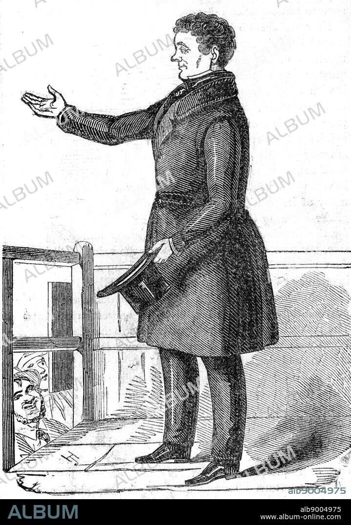 Daniel O'Connell (1775-1847) 'The Liberator', acknowledging the cheers of the crowd. Irish patriot and political leader who worked for Catholic emancipation which was granted by the British parliament in 1829, and for Repeal (of Union with Britain) movemement. From 'The Illustrated London News', 1842.