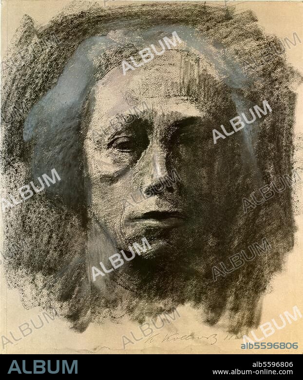KAETHE KOLLWITZ. Kollwitz, Käthe Graphikerin und Bildhauerin Königsberg 8.7.1867 - Moritzburg bei Dresden 22.4.1945. "Selbstbildnis en face", 1911. Zeichnung. Dresden, Staatl. Kupferstichkabinett.