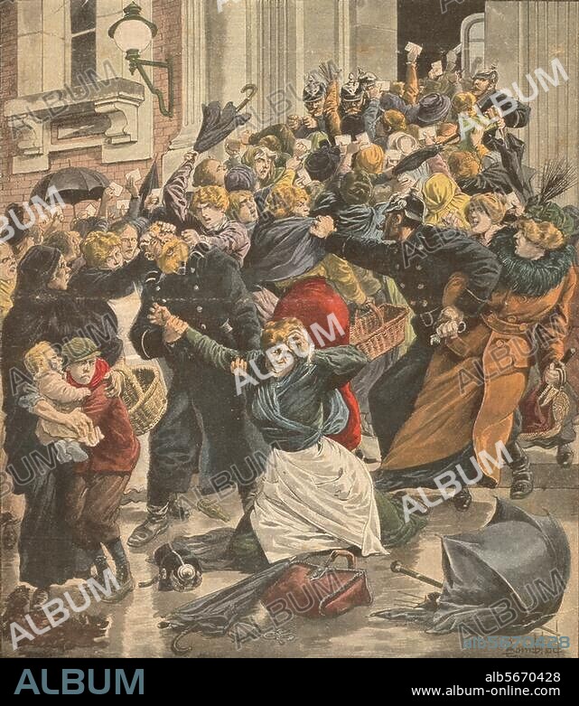 World War I, 1914-18 / Berlin:. Food shortages. "La crise economique en Allemagne / Emeute de femmes a Berlin". (Scuffles break out at a Berlin potato shop). Colour print. From: Le Petit Journal, Supplement illustre, 26th year, Paris, 7 March 1915. Berlin, Sammlung Archiv für Kunst und Geschichte.