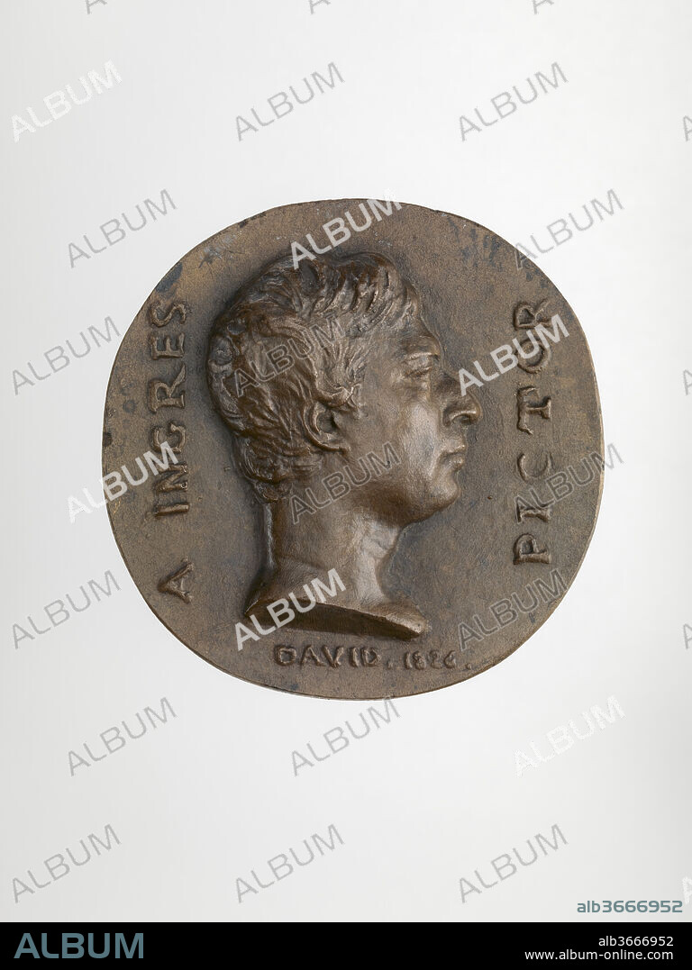 Jean Auguste Dominique Ingres (1780-1867). Artist: Medalist: Pierre Jean David d'Angers (French, Angers 1788-1856 Paris). Culture: French. Dimensions: 3 3/4 × 3 3/4 in. (9.5 × 9.6 cm). Date: 1826.
Pierre-Jean David d'Angers was the most prolific and one of the most important French sculptors of the first half of the nineteenth century. Throughout his almost fifty-year career (1819-1856) David remained true to his conviction that sculptural monuments dedicated to the achievements of great men and women most permanently and vividly express the greatness of a people. He continuously sought commissions for monuments portraying historical and contemporary figures whom he admired in order to commit their contributions to posterity. His most famous public commission, the figurative pediment of the Pantheon in Paris (1830-1837), which commemorates great men and was dedicated by a grateful nation, exemplifies these life-long principles. 

David d'Angers extended his definition of public monuments to include portrait medallions. In the 1820s he dedicated himself to a personal campaign of creating contemporary and retrospective medallic portraits of illustrious sitters. By the end of his life David had executed almost five-hundred portrait medallions, frequently travelling great distances to model his sitters from life. The medallions most often were not commissioned. David himself chose whom he deemed worthy of inclusion into his medallic pantheon. David also did not profit from the portraits. He generally delivered his wax models to professional founders for casting and dissemination through sale.