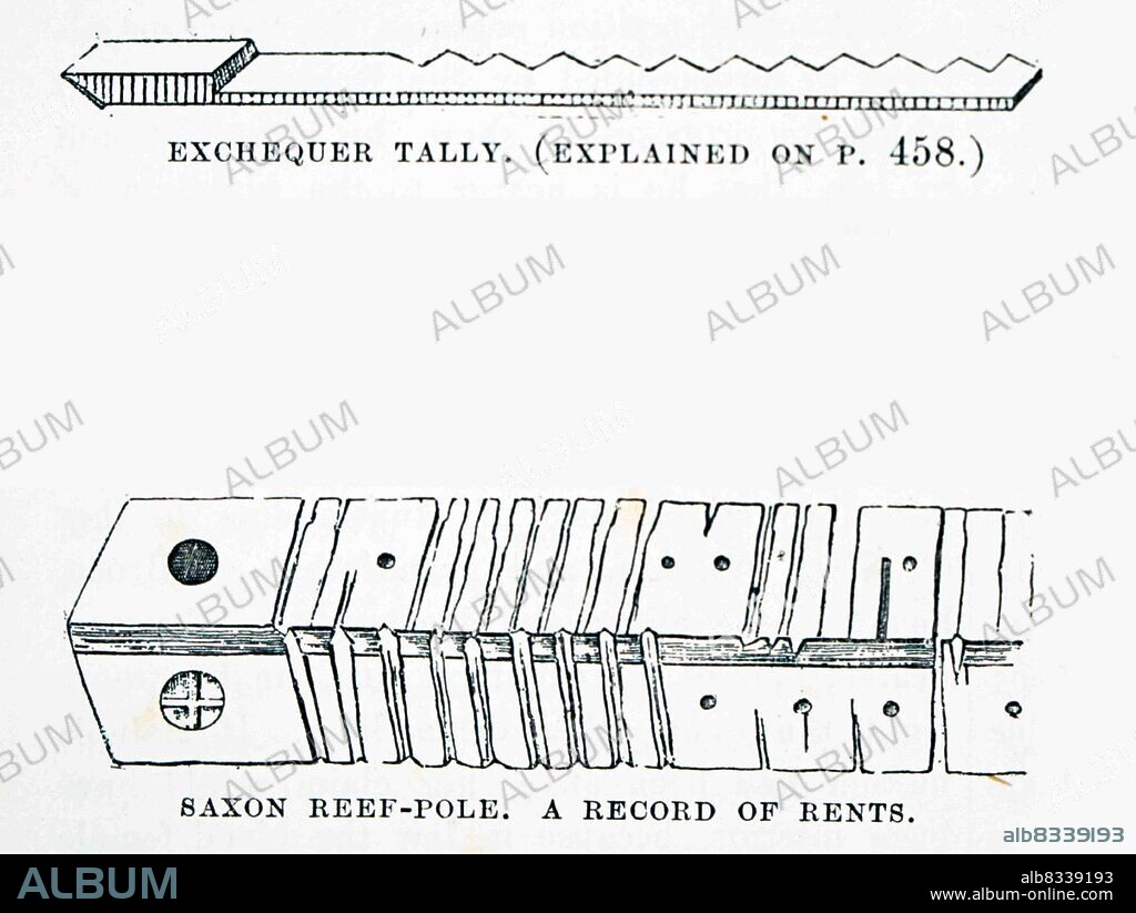 Diagram of Exchequer Tally and Saxon Reef Pole. A tally stick was an ancient memory aid device used to record and document numbers, quantities, or even messages.