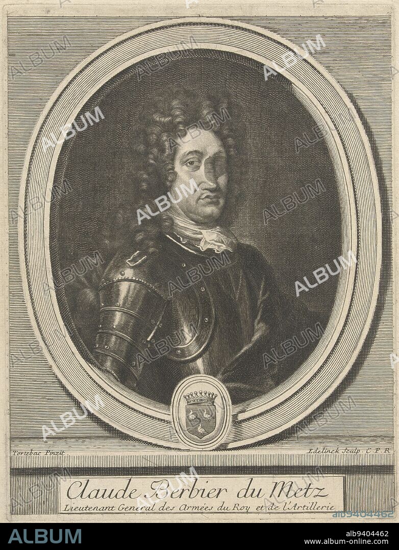 Portrait of Claude Berbier du Metz, Gerard Edelinck, after Jean Tortebat, 1666 - 1707, Portrait of Claude Berbier du Metz (1638-1690), lieutenant general of the French king, in armor. He suffered the disfigurement to his face during battle. Depicted in oval frame with coat of arms., print maker: Gerard Edelinck, (mentioned on object), after: Jean Tortebat, (mentioned on object), Lodewijk XIV (koning van Frankrijk), (mentioned on object), print maker: Paris, after: France, France, 1666 - 1707, paper, engraving, h 251 mm × w 191 mm.