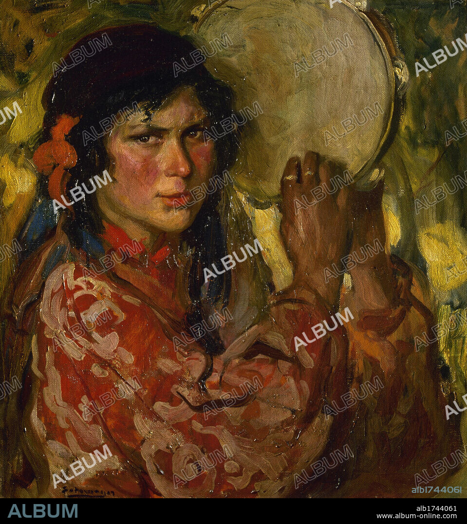 ARTE S. XIX. ESPAÑA. ALVAREZ DE SOTOMAYOR, Fernando (El Ferrol,1875-Madrid,1960). Pintor español. Director del Museo del Prado y de la Academia de San Fernando. Su pintura refleja escenas de género y retratos "GITANA CON PANDERETA" (h.1904-1908). Museo de Bellas Artes. Buenos Aires. Argentina.