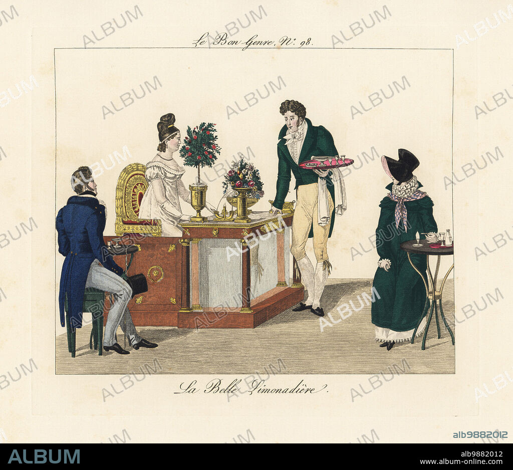 Madame Romain, the beautiful lemonade seller, at the Cafe des Mille Colonnes in the Palais Royal, Paris, seated on her throne and surrounded by her admirers. La belle limonadiere. A waiter carries a tray of drinks. Handcoloured engraving from Pierre de la Mesangere's Le Bon Genre, Paris, 1817.