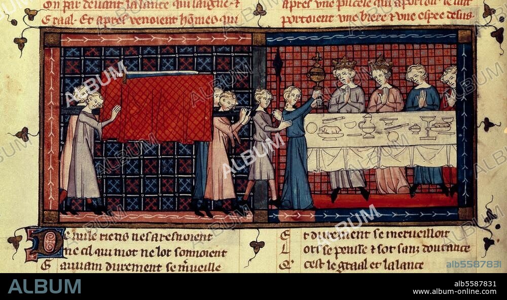 ANONYME. Littérature / Mythes et légendes / Perceval. L'arrivée du Saint- Graal. Enluminure française, 14e siècle. In : "Le roman de Perceval" de Chrétien de Troyes, édité par Gaucher de Denain, Manessier a. Gerbert. Ms francais 12577, fol. 74 v, Paris, Bibliothèque Nationale.