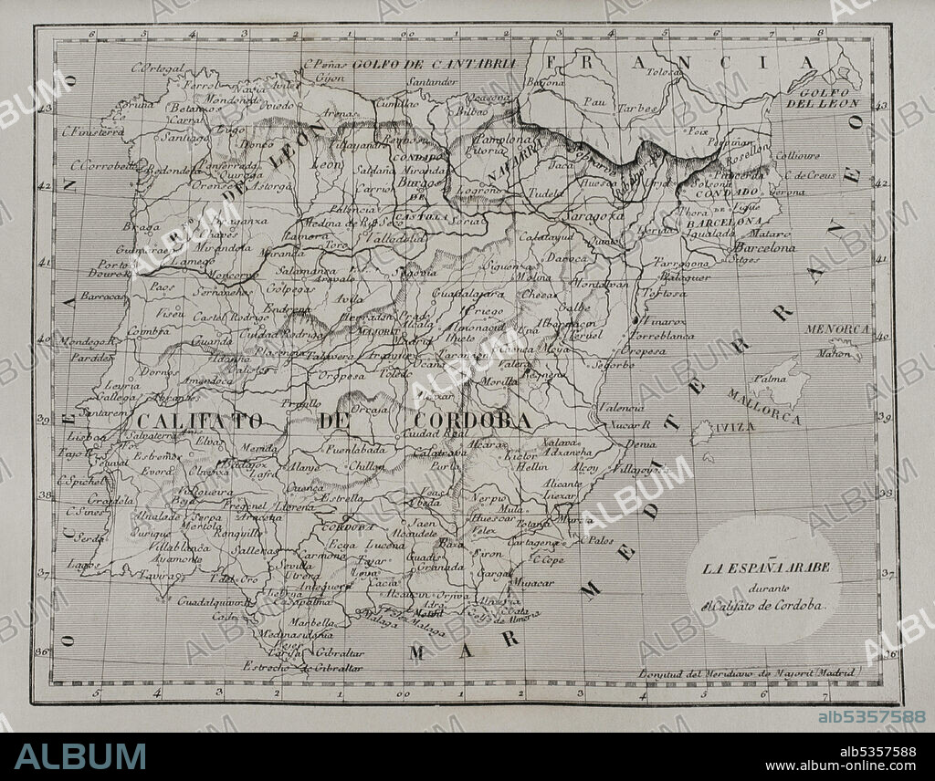 Map of Moorish Spain during the Caliphate of Cordoba (929-1031 AD). Las Glorias Nacionales. Volume II, Madrid-Barcelona edition, 1853.