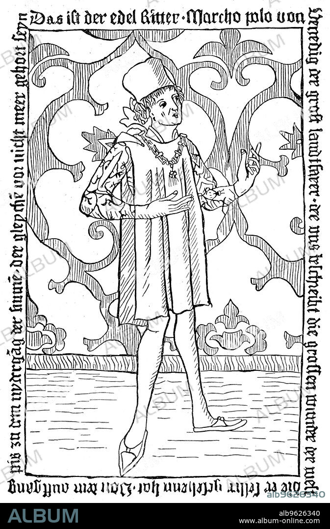 Marco Polo, Medieval Venetian merchant and traveller. Together with his father and uncle, Marco Polo (1254-1324) set off from Venice for Asia in 1271, travelling the Silk Road and arriving at the court of Kublai Khan some three years later. They spent 17 years in China before returning home, arriving back in Italy in 1295. Marco Polo was imprisoned by the Genoese, writing an account of his travels, Il Milione whilst in captivity.