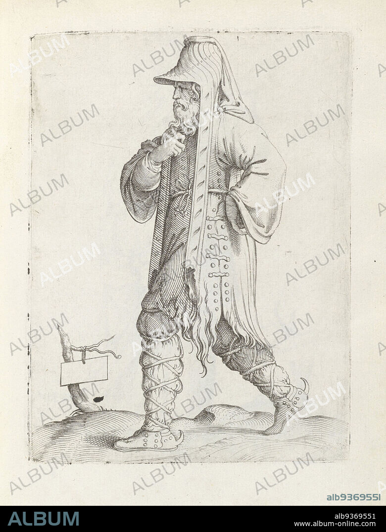 Man with beard (country unknown), Diversarum gentium nostrae aetatis habitus (series title), A man with beard, walking to the left, dressed in hat with long side flaps. Leg wraps. Print from album 'Diversarum gentium nostrae aetatis habitus'., print maker: Enea Vico, Venice, in or before 1558, paper, engraving, height 150 mm × width 92 mm.