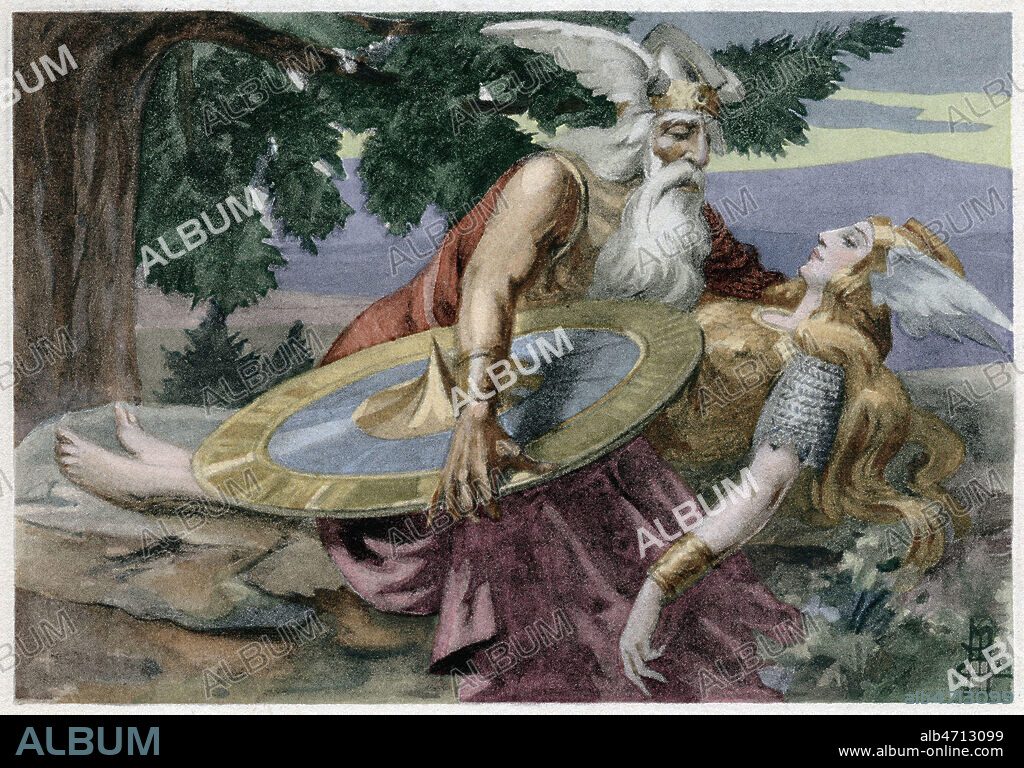 Wotan et sa fille Brunnhilde s'endormant. Illustration de Edmond MALASSIS (1874-1940) pour La Valkyrie tire de Tetralogie de Richard WAGNER (1813-1883) L'Anneau du Nibelung (Der Ring des Nibelungen). Credit : collection Kharbine-Tapabor.