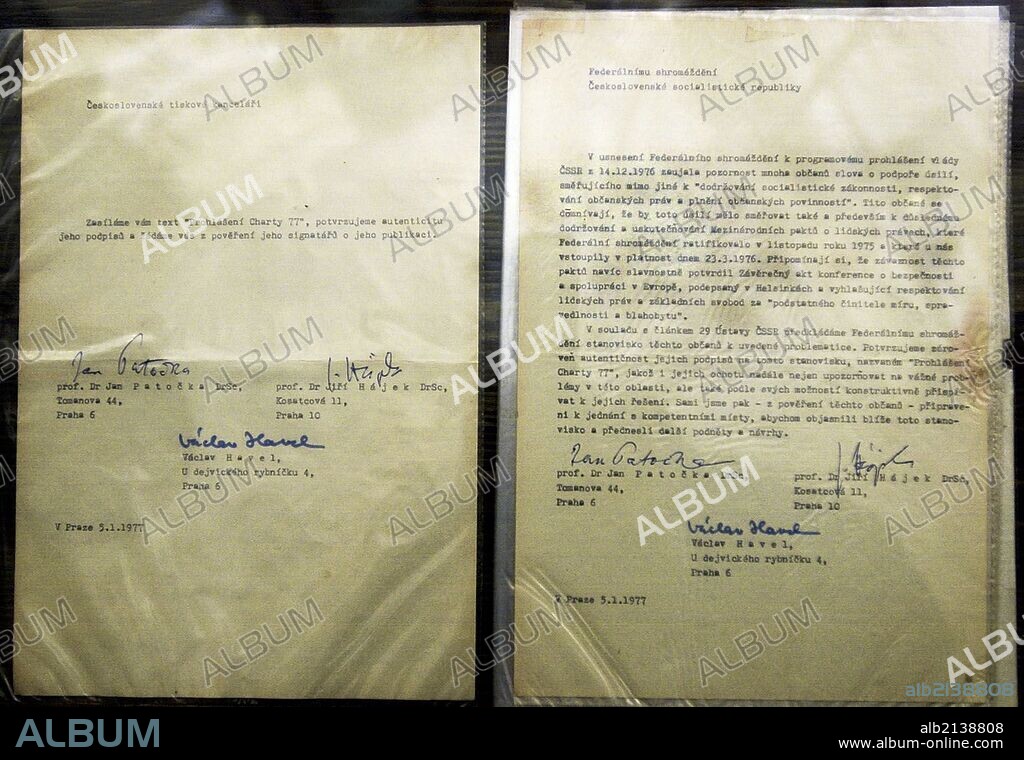 Original Document Of The Charter 77 Declaration Signed By Playwright Vaclav Havel, Philosopher Jan Patocka And Former Czechoslovak Foreign Minister Jiri Hajek Who Were The First Speakers Of The Movement. (Photo by: Sovfoto/UIG via Getty Images).