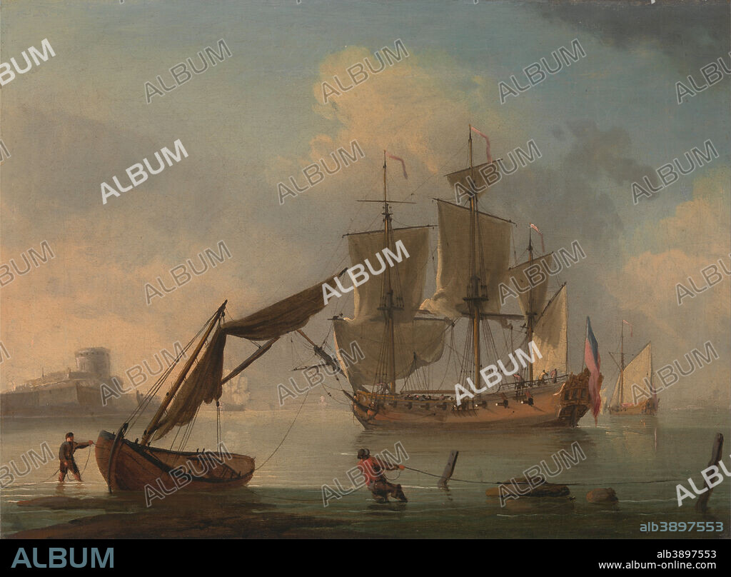 FRANCIS SWAINE. An English Sloop Becalmed near the Shore. Date/Period: Mid-18th century. Painting. Oil on canvas. Height: 254 mm (10 in); Width: 340 mm (13.38 in).