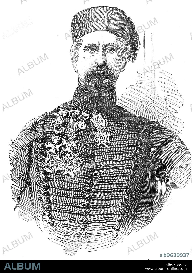 Lieutenant-General Cannon (Behram Pacha) - from a photograph by Claudet, 1856. 'On the breaking out of the war between Russia and Turkey, in 1853, Col. Cannon, with a few friends, proceeded to Turkey, and, with the authority of the British Government, accepted service in the Ottoman army, the Sultan conferring upon him the rank of Major-General, under the title of Behram Pacha...[During his visit to Market Lavington, near Devizes, he] spoke of the hardships through which a soldier had to pass. He himself had often gone with two biscuits a day, but he thanked Divine Providence for having preserved his life, and allowed him again to see the happy faces around him...He then placed in the hands of Mr. Stobbert the sum of £10...to be distributed. Cheers followed this announcement, and the same evening the labouring men were supplied with beer, and all retired in good order'. From "Illustrated London News", 1856.