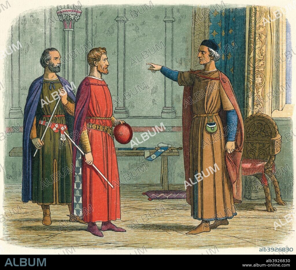 'Edward threatens the Lord Marshal', 1864.  King Edward I, (1239-1307),  threatens the Lord Marshal Roger Bigod, 5th Earl of Norfolk.who had drawn up a series of complaints objecting to Edward's right to demand military service and the levels of taxation. From A Chronicle of England B.C. 55 - A.D. 1485 by James E. Doyle. [Longman, Green, Longman, Roberts & Green, London, 1864].