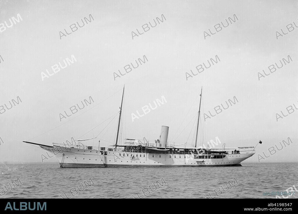 The steam yacht 'Honor' at anchor. 'Honor' was built in 1905 by Ramage & Ferguson at Leith for the Baron de Forest.