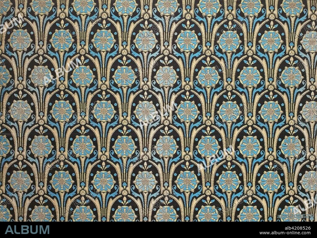 OWEN CARTER JONES. Sutherland. Designed by Owen Jones (English, 1809-1874); Manufactured by Warner, Sillett & Ramm; London. Date: 1870-1871. Dimensions: 39.0 x 53.7 cm (15 1/4 x 21 1/8 in.)
Repeat: 11.3 x 6.7 cm (4 3/8 x 2 5/8 in.). Silk, satin weave with twill interlacings of secondary binding warps and supplementary patterning wefts. Origin: Spitalfields.