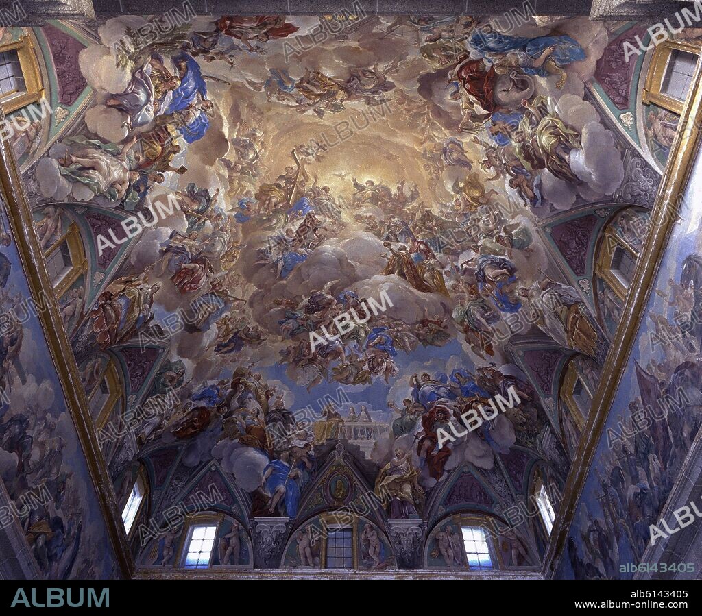 LUCA GIORDANO. FRESCOS DE LA CUPULA DE LA ESCALERA PRINCIPAL:LA GLORIA CON SAN LORENZO ADORANDO A LA TRINIDAD - SIGLO XVII - PINTURA BARROCA.