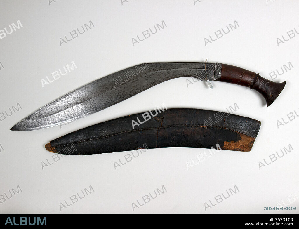 Knife (Kukri) with Sheath. Culture: Nepalese. Dimensions: H. with sheath 28 1/4 in. (71.4 cm); H. without sheath 28 in. (71.1 cm); H. of blade 22 in. (55.9 cm); W. 3 1/2 in. (8.9 cm); Wt. 3 lb. 2.8 oz. (1440.2 g); Wt. of sheath 9.6 oz. (272.2 g). Date: 18th-19th century.