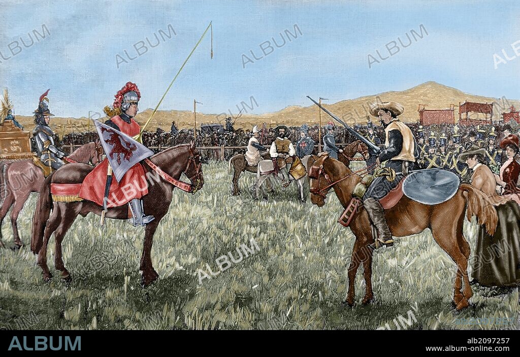 "EL INGENIOSO HIDALGO DON QUIJOTE DE LA MANCHA". Obra de Miguel de CERVANTES SAAVEDRA (1547-1616). Grabado que escenifica la fiesta de la "Cervara" en Roma. Artistas españoles parodiando el encuentro de Don Quijote con el Caballero de los Espejos. Dibujo del natural, por Hermenegildo Estevan. Grabado coloreado por Capuz. "La Ilustración Española y Americana", 1890.