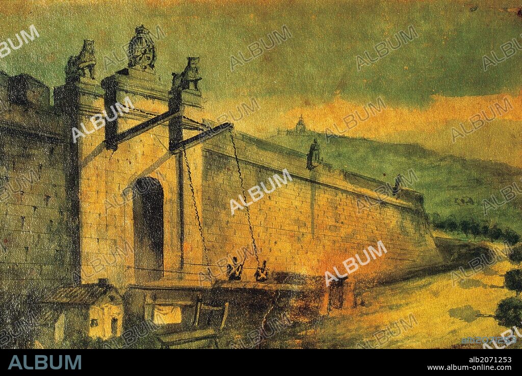 BARCELONA. "MURALLAS DE LA CIUDAD CON UNA DE SUS PUERTAS". Oleo de la primera mitad del siglo XIX. Dibujo de G. Mosteyrin. Museo de Historia de la Ciudad. Barcelona. Cataluña.
