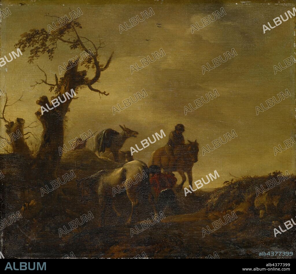 Horses and Donkeys in the Hollow Road, Oil on Oakwood, 28 x 32 cm, Unsigned, Philips Wouwerman, (Kopie nach / copy after), Haarlem 1619–1668 Haarlem.