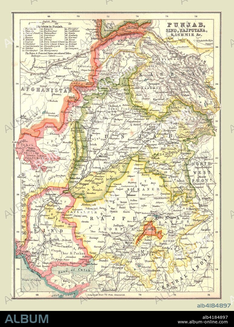 Map of Punjab, Sind, Rajputana and Kashmir, 1902. From The Century Atlas of the World. [John Walker & Co, Ltd., London, 1902].