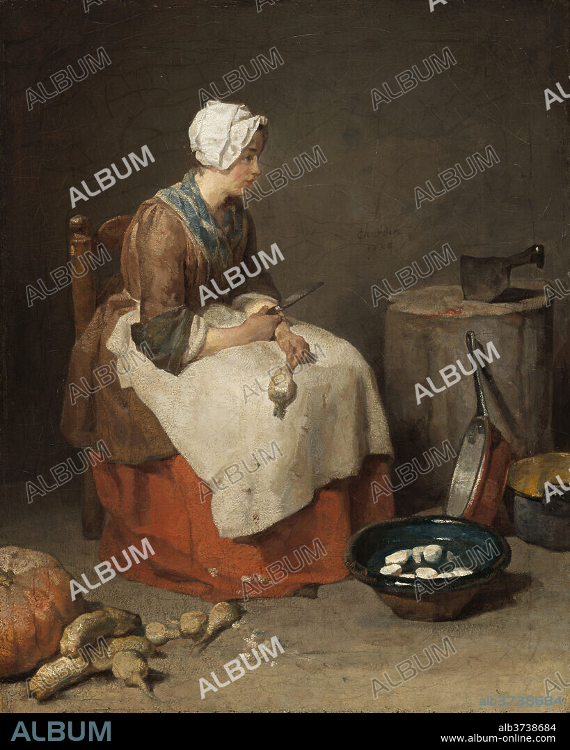 JEAN SIMEON CHARDIN. The Kitchen Maid. Dated: 1738. Dimensions: overall: 46.2 x 37.5 cm (18 3/16 x 14 3/4 in.)  framed: 61.9 x 53.7 x 7.3 cm (24 3/8 x 21 1/8 x 2 7/8 in.). Medium: oil on canvas.