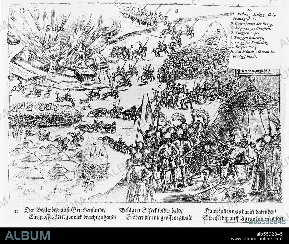 Türkenkriege unter Kaiser Rudolf II. (langer Türkenkrieg 1593-1606) / Zweite Eroberung der Festung Sissek (Sisak). in Kroatien, 24. August 1593. "Der Beeglerbeg Graeciae hat abermalen Sisegk belägert und erobert". Eisenradierung, anonym, zeitgenössisch. 11. Blatt einer Serie von Schlachtendarstellungen der Türkenkriege 1588-1606. Berlin, Sammlung Archiv für Kunst und Geschichte.