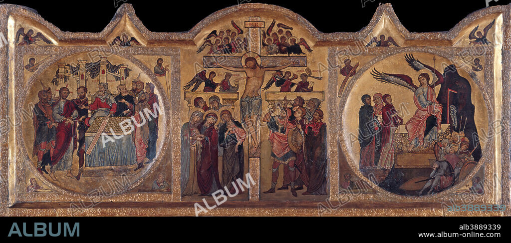 UNKNOWN. Kreuzigungsretabel aus Soest / Altarpiece with crucifixion from Soest. Date/Period: Ca. 1240. Painting / altarpiece. Oak wood. Height: 86 cm (33.8 in); Width: 195.5 cm (76.9 in).