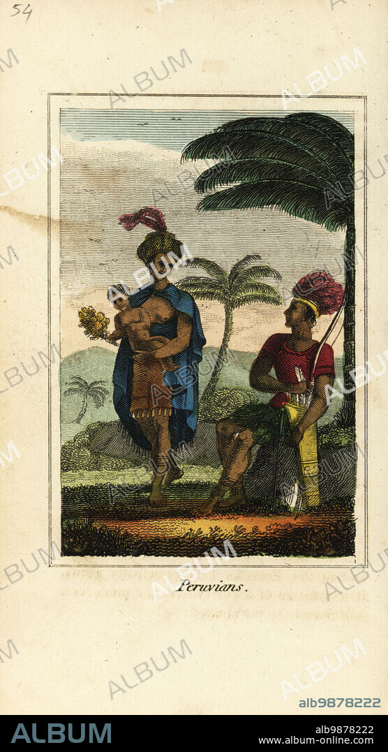Peruvians or Inca people of Peru, 1818. They wear feather headdresses, cloak and skirt, and the man carries a bow and quiver of arrows. Handcoloured copperplate engraving from Mary Anne Vennings A Geographical Present being Descriptions of the Principal Countries of the World, Darton, Harvey and Darton, London, 1818. Venning wrote educational books on geography, conchology and mineralogy in the early 19th century.