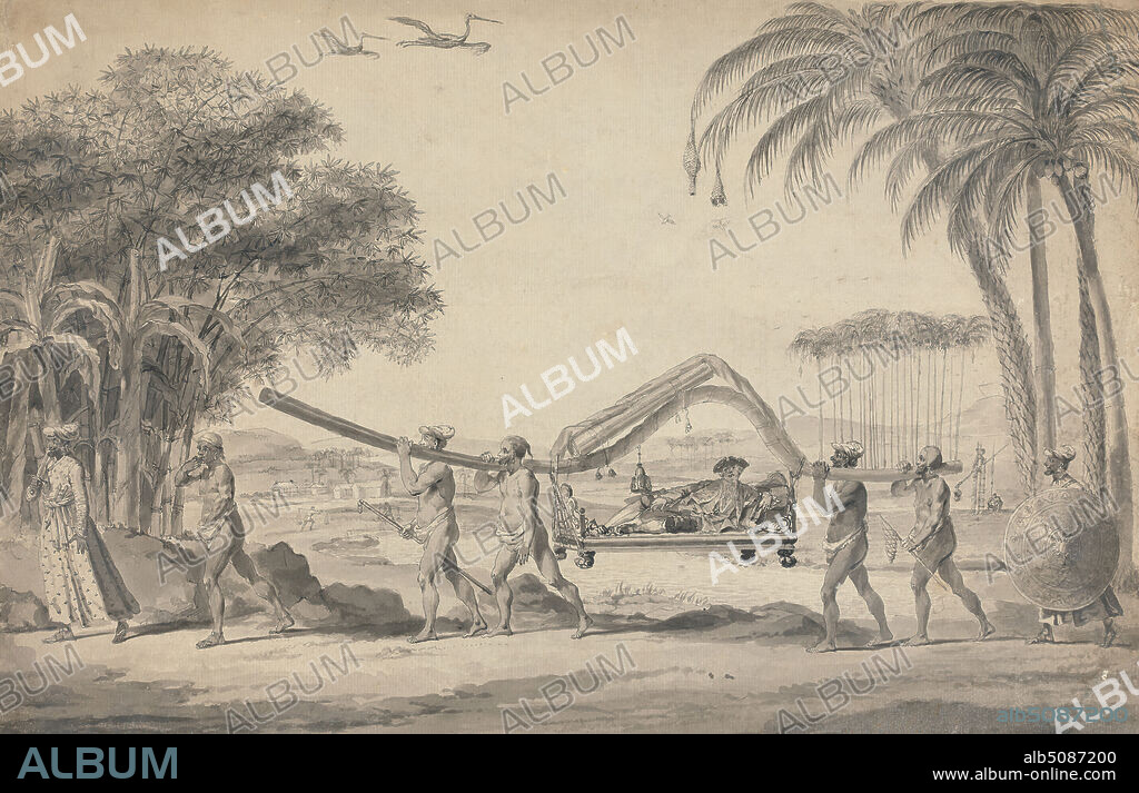 Traveller in a Palanquin in India, Attributed to Robert Home, 17521834, British, undated, Pen and black ink, gray ink, gray wash and graphite on moderately thick, moderately textured, beige, laid paper, Sheet: 12 7/16 × 19 inches (31.6 × 48.3 cm).
