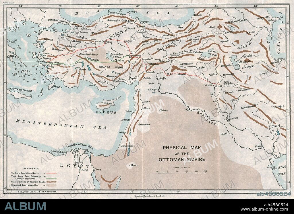 'Physical Map of the Ottoman Empire', c1915. Map showing the eastern Mediterranean, Cyprus, the Middle East, the rivers Tigris and Euphrates, what is now Turkey, and part of Egypt. Also shown are the 'Royal Road', trade routes, mountain ranges and deserts. From "The Caliphs' Last Heritage, a short history of the Turkish Empire" by Lt.-Col. Sir Mark Sykes. [Macmillan & Co, London, 1915].