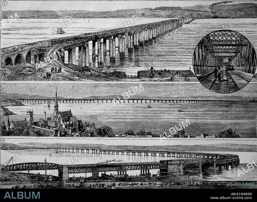 The Tay Bridge carries the main-line railway across the Firth of Tay in Scotland, between the city of Dundee and the suburb of Wormit in Fife, England, illustration, woodcut from 1880.