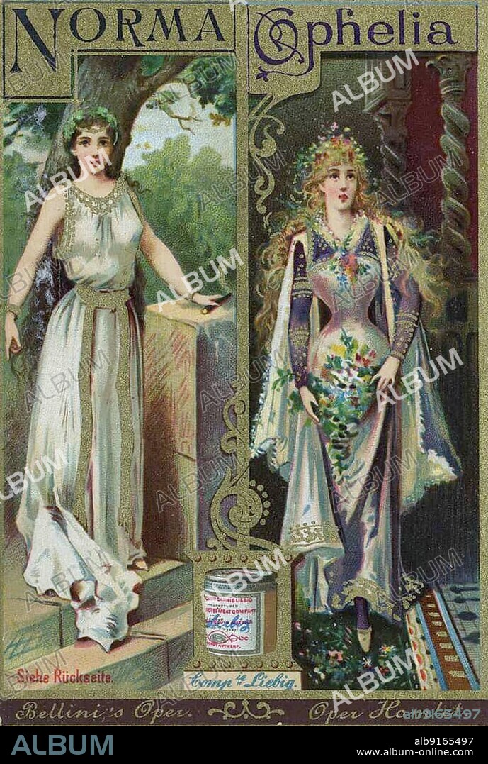 Series of costumes from the opera, Bellini opera, Norma and opera Hamlet, Ophelia, digitally restored reproduction of a Liebig collector's picture from c. 1900