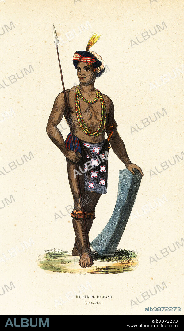 Toraja man of Tondano, Sulawesi, Greater Sunda Islands, Indonesia. He wears a turban with feather, necklaces, batik loincloth, and anklets. He carries a lance and traditional kanta shield. Harfur de Tondano (Ile Celebes). Handcoloured woodcut from Auguste Wahlen's Moeurs, Usages et Costumes de tous les Peuples du Monde, (Manners, Customs and Costumes of all the People of the World) Librairie Historique-Artistique, Brussels, 1845.