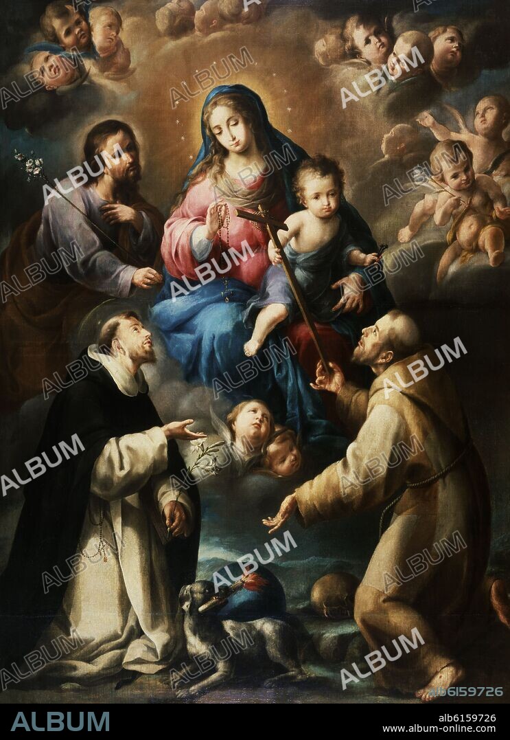 DOMINGO MARTINEZ (1688-1749). SAGRADA FAMILIA ENTRE SANTO DOMINGO DE GUZMAN Y SAN FRANCISCO - SIGLO XVIII.
