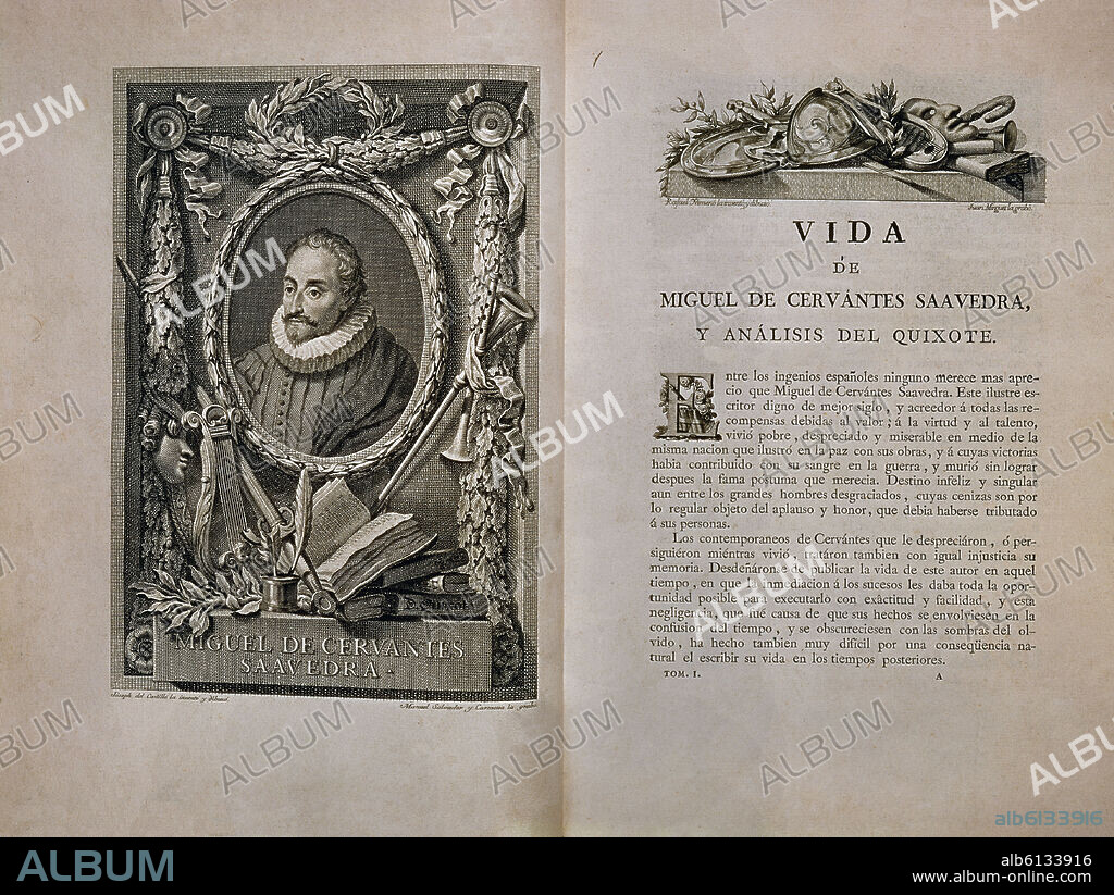 MIGUEL DE CERVANTES SAAVEDRA. DON QUIJOTE - PRIMERA PAGINA PRIMERA EDICION POR IBARRA EN 1780 - VIDA DE MIGUEL DE CERVANTES.