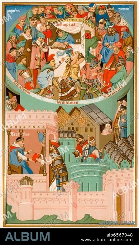 Theatrical performance in the Middle Ages.|Lithograph reproduction of a minature from Terence, early 15th century.