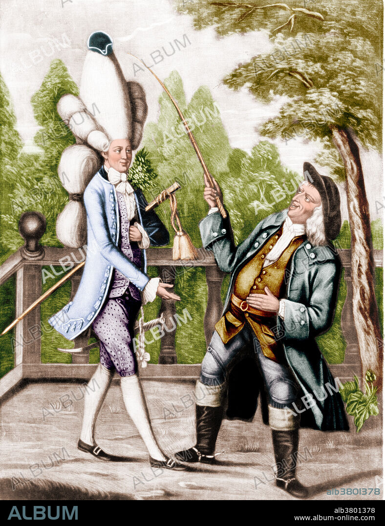 Entitled: What is this my son Tom shows farmer with son who has large, elaborate hairstyle and stylish clothes. Macaroni (or maccaroni), from the Italian word, maccherone, which literally means a boorish fool, described the height, and often the extremes, of male fashion in the mid 1700's. Brought from the continent by young men on their Grand Tour, macaroni dress took the standard male wardrobe to absurd lengths. Coats were tight. Huge buttons decorated short waistcoats. Narrow, dainty shoes sported buckles almost larger than they were. And copious amounts of lace, ribbon, ruffles and whatever other outrageous decoration took the wearer's fancy trimmed the outfits, with everything in gaudy colours and showy fabrics like silks and satins. The most obvious feature of macaroni fashion was the wig. They were excessively elaborate and tall, and often crowned with a tiny hat that could be removed only with the point of a sword. Published by R. Sayer.