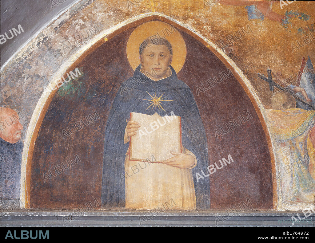 St Thomas Aquinas, by Guido di Pietro (Piero) known as Beato Angelico, 1438-1446 about, 15th Century, fresco, cm 108 x 145. Italy, Tuscany, Florence, San Marco Convent, cloister. All. St Thomas Aquinas aureole cloak blue book. Authorization required for non editorial use.