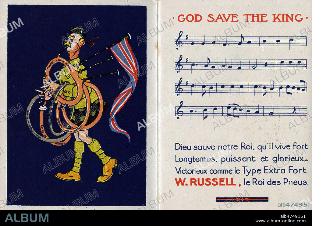 Soldat anglais jouant de la cornemuse a l'aide de chambres a air, avec partition de 'God save the king', l'hymne anglais, a ses cotes. Illustration par MICH (1881-1923) tiree d'une brochue publicitaire pour les pneus W. RUSSEL, vers 1918. Credit : Collection IM/KHARBINE-TAPABOR.