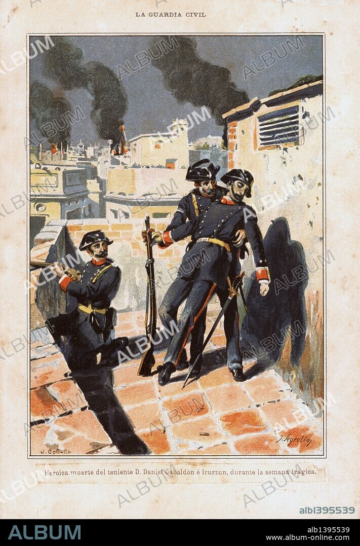 Muerte de un teniente de la Guardia civil durante los sucesos de la Semana Trágica de Barcelona en Julio de 1909.